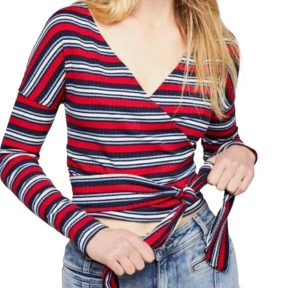 Free People Always With Me Faux Wrap Long Sleeve Tee S Red Blue White - Picture 2 of 9